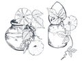 Bouquets with hand drawn flowers and plants in vases jars.