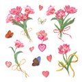 Bouquets of pink tulips decorated with ribbons. Flower set, hearts with colored balloons, flying butterflies. Watercolor