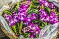 Bouquets of purple and white orchid flowers stacked on display a Royalty Free Stock Photo