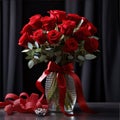 Bouquets of red roses with a red bow in a transparent vase, black curtains in the back. Flowering flowers, a symbol of spring, new Royalty Free Stock Photo