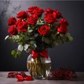 Bouquets of red roses with a red bow in a transparent vase, dark background. Flowering flowers, a symbol of spring, new life Royalty Free Stock Photo