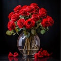 Bouquets of red roses with a red bow in a transparent vase, dark background. Flowering flowers, a symbol of spring, new life Royalty Free Stock Photo