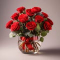 Bouquets of red roses with a red bow in a transparent vase, light background. Flowering flowers, a symbol of spring, new life Royalty Free Stock Photo