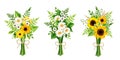 Bouquets of sunflowers, daisy flowers, fern, and grasses. Set of vector illustrations