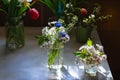 Bouquets of tulips, cherry blossoms and muskari flowers in glass jars on kitchen table