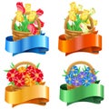 Bouquets of tulips and gerberas in baskets with festive ribbons
