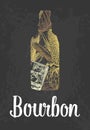 Bourbon bottle with glass, ice cubes, barrel, cigar. Color hand drawn sketch on vintage black background. Vector engraved illustra