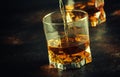 Bourbon in glass, american corn whiskey, dark bar counter, selective focus