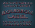 Bourbon Label alphabet font. 3D effect colorful letters and numbers with shadow.