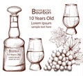 Bourbon Vintage bottle in line art Vector illustrations