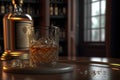 Bourbon or whisky glass on dark woody background, close up