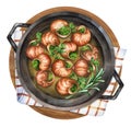 Bourgogne Escargot Snails in a pan. Watercolor illustration