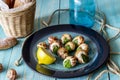 Bourguignonne snail with lemon. Blue wooden background Royalty Free Stock Photo