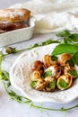 Bourguignonne snail with lemon. Marble background. French cuisine Royalty Free Stock Photo