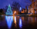 Bourton on the water christmas tree in the river Windrush before sunrise Royalty Free Stock Photo