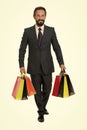 Boutique gallery client. Man mature shopper carries shopping bags white background. Successful businessman choose only