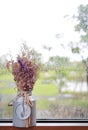 Boutique purple dried flower in the vase for home decoration against glass window with rain drop on rainy day Royalty Free Stock Photo