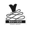 Boutique shop logo label with black dress on white