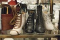 Boutique retro outfit store. Old fashioned vintage retro shoes close-up