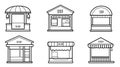 Boutique storefronts design collection, simple line art style, templates for shops and retails, vector illustration.