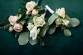 Boutonniere made of white and pink roses for the groom and his friends. Wedding decor and accessories Royalty Free Stock Photo