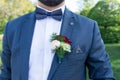 Boutonniere on the suit jacket of the groom. Stylish groom in blue jacket, white shirt and blue necktie with boutonniere. Royalty Free Stock Photo