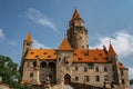 Bouzov,Czech Republic-July 8, 2021.Romantic fairytale castle with eight-storey watchtower built in 14th century.National cultural Royalty Free Stock Photo