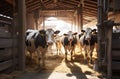 Bovine Assembly: Group of Cows Residing Indoors in Farm Yard. Generative ai