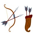Bow and arrow. Taut bowstring. Set of objects.