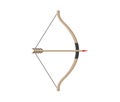 Bow with arrow. Weapon of archery. Wooden longbow with arrows for indian archer. Cartoon bow for medieval hunter. Icon or logo for