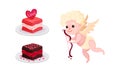 Bow Boy or Cherub and Sweet Cake as Saint Valentine Day Festive Attributes and Symbols Vector Set
