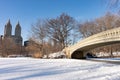 The Bow Bridge at Central Park with No People Over the Lake Covered with Snow in New York City Royalty Free Stock Photo