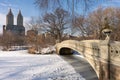 The Bow Bridge at Central Park with No People Over the Lake Covered with Snow in New York City Royalty Free Stock Photo