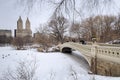 Central Park: February 14, 2021 Central Park in the winter with view of upper west side buildings and the bow bridge Royalty Free Stock Photo