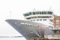 Bow and Bridge of White Luxury Cruise Ship at Pier Royalty Free Stock Photo