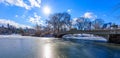 Bow bridge in the winter at sunny day, Central Park, Manhattan, New York City, USA Royalty Free Stock Photo