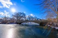 Bow bridge in the winter at sunny day, Central Park, Manhattan, New York City, USA Royalty Free Stock Photo