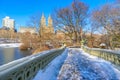 Bow bridge in the winter at sunny day, Central Park, Manhattan, New York City, USA Royalty Free Stock Photo