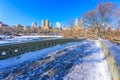 Bow bridge in the winter at sunny day, Central Park, Manhattan, New York City, USA Royalty Free Stock Photo