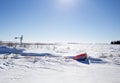 Bow of canoe in snow