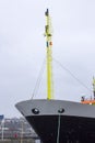 The bow of the Dutch Fisheries research vessel Tridens during a snow storm while moored at Kennedy Wharf in Cork Harbour Ireland Royalty Free Stock Photo