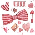 Bow with hearts. Watercolor Pink set of elements for Valentine`s day. Scrapbook design elements. Typography poster, card Royalty Free Stock Photo