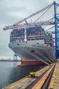 Bow of a huge 400 m long container ship mooring in cloudy day