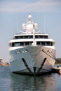 Bow of large modern white yacht anchored in the port Royalty Free Stock Photo