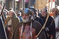 Bow men in medieval costume at traditional parade of Epiphany Befana medieval festival in Florence, Tuscany, Italy.