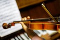 bow in motion on a small violin during a musical concert.