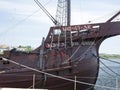 Bow of old Portuguese sailing ship from 16th century berthed in Vila do Conde, Portugal. Royalty Free Stock Photo