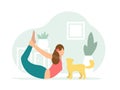 Bow pose. Woman doing Yoga with cat