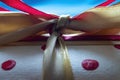 A Bow of Red and Yellow Ribbon Close-up on a Gift Box Royalty Free Stock Photo