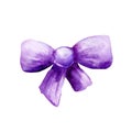 A bow of a ribbon of lilac violet color close-up. Hand drawn watercolor illustration isolated on white background. For gift,